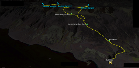 route map for Mentok Kangri Climbing Expedition