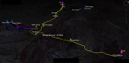 route map for Kang Yatse 1 and 2 Climbing Expedition