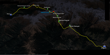 route map for Nandi Kund - Ghiya Vinayak Pass Trek