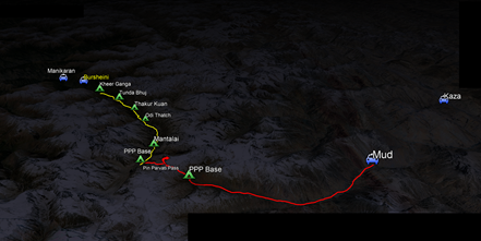 route map for Pin Parvati Pass Trek