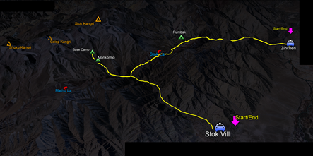 route map for Stok Kangri Base Camp Trek