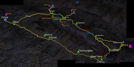 route map for Stok Kangri Via Markha Valley 